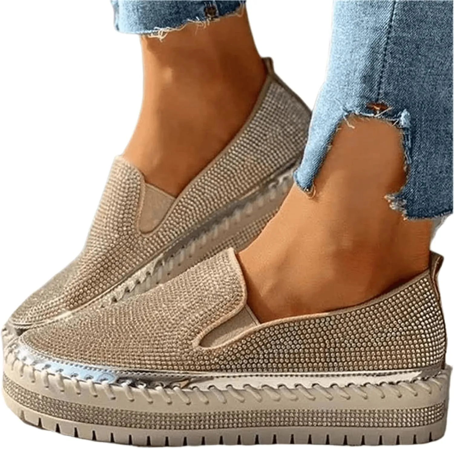 Lausiuoe Glitter Sneakers For Women Wide Width Casual Sparkly rhinestone Shoes Fashion Slip On Soft Walking Flat Loafers