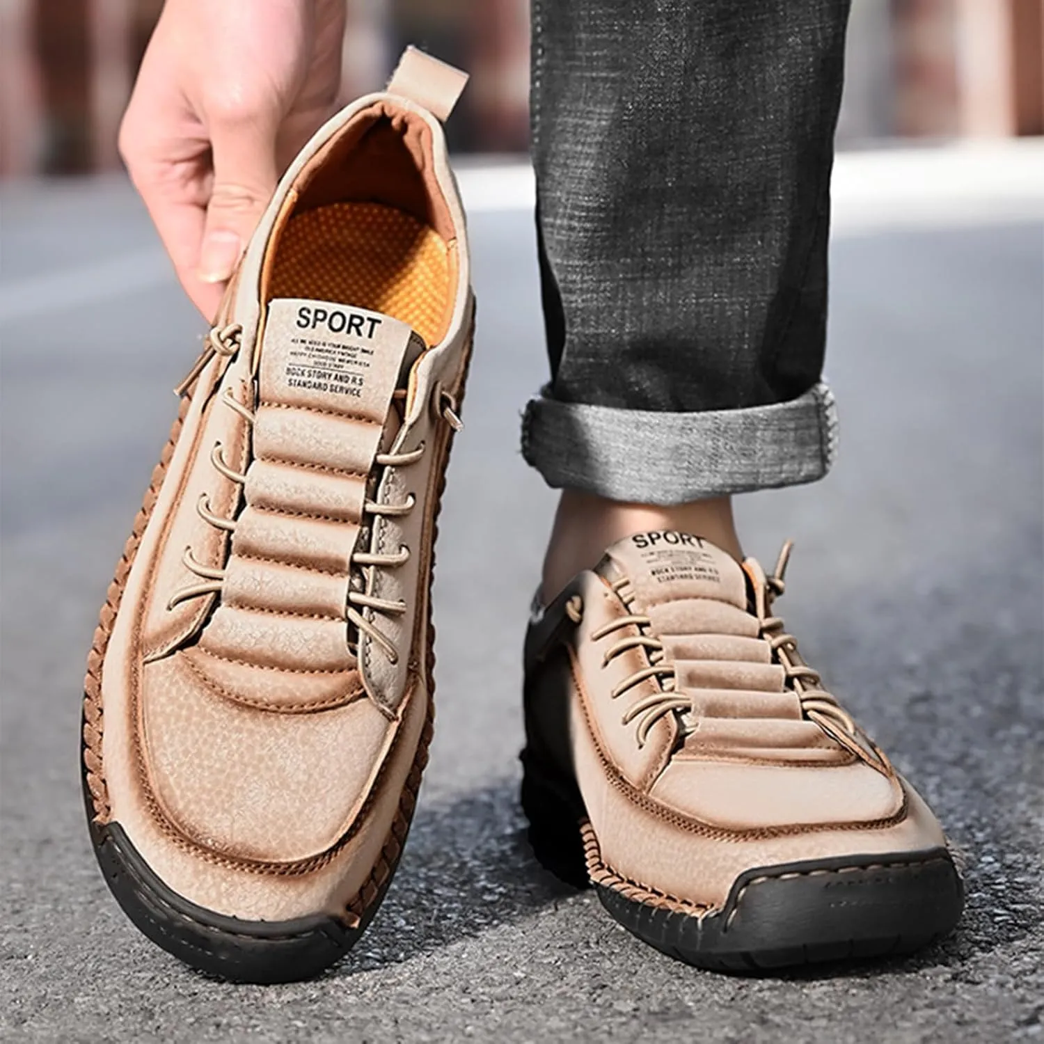Men's Leather Loafers Lace-Up Non-Slip Walking Shoes Round Toe Hand-Stitched Soft Comfortable Slip-On Walking Outdoor Casual Waterproof Shoes for Walking Driving Office