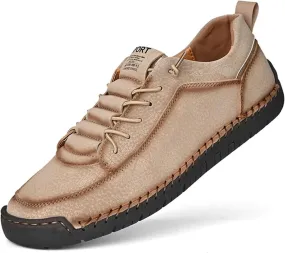 Men's Leather Loafers Lace-Up Non-Slip Walking Shoes Round Toe Hand-Stitched Soft Comfortable Slip-On Walking Outdoor Casual Waterproof Shoes for Walking Driving Office