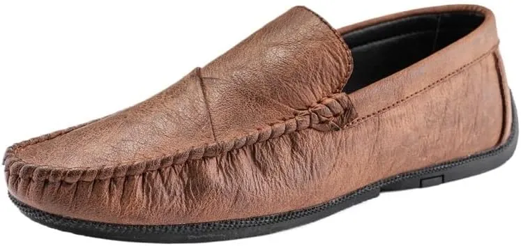 Men's Vegan Leather Loafers | Flexible Round Toe Slip-Ons with Stitching Details | Comfortable Anti-Slip Walking Shoes