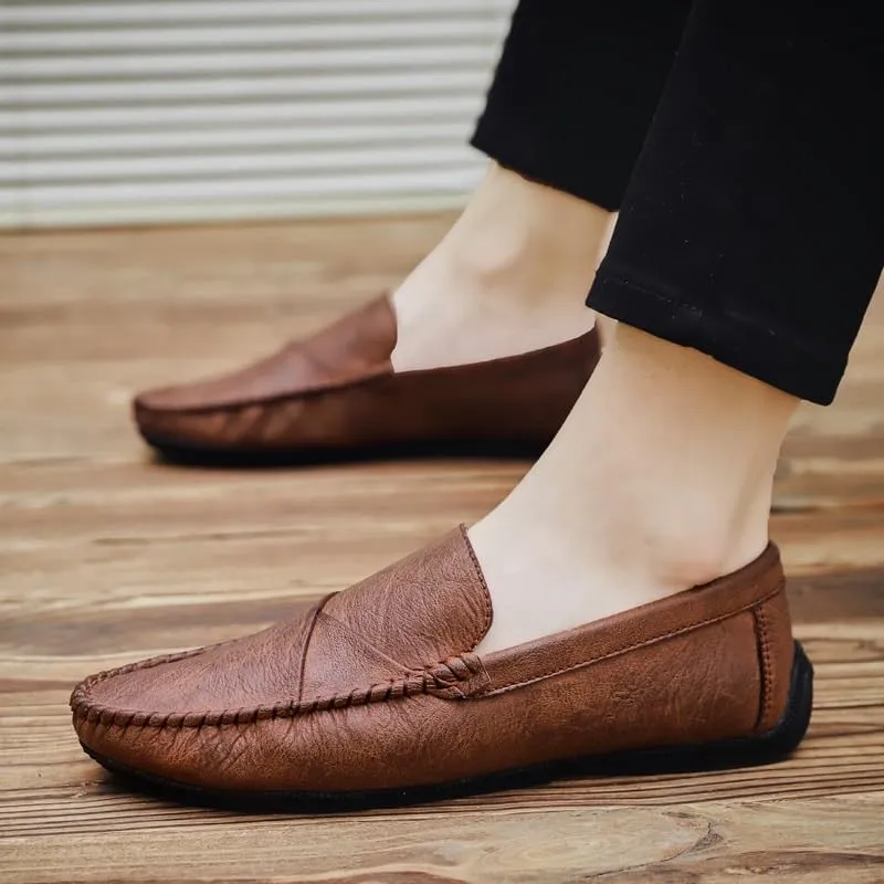 Men's Vegan Leather Loafers | Flexible Round Toe Slip-Ons with Stitching Details | Comfortable Anti-Slip Walking Shoes
