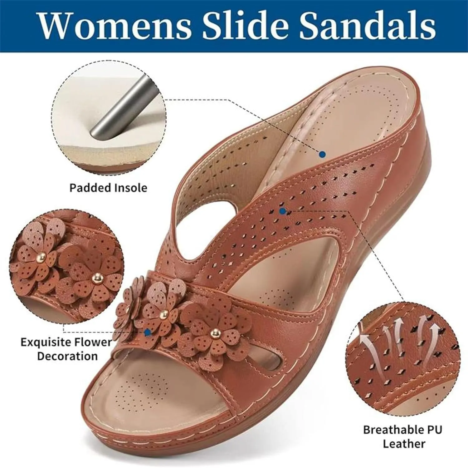 Orthopedic Sandals for Women Summer Wedge Platform Sandals with Arch Support Flower Faux Leather Wedge Heel Anti Slip Sandals