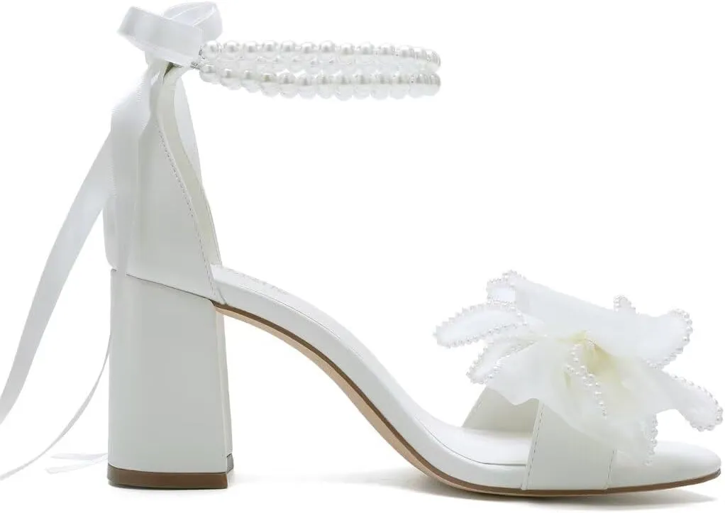 Pearl Wedding Shoes for Bride Block Heel Wedding Sandals Open Toe Bridal Shoes Bow Knot Heeled Sandals