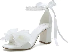 Pearl Wedding Shoes for Bride Block Heel Wedding Sandals Open Toe Bridal Shoes Bow Knot Heeled Sandals