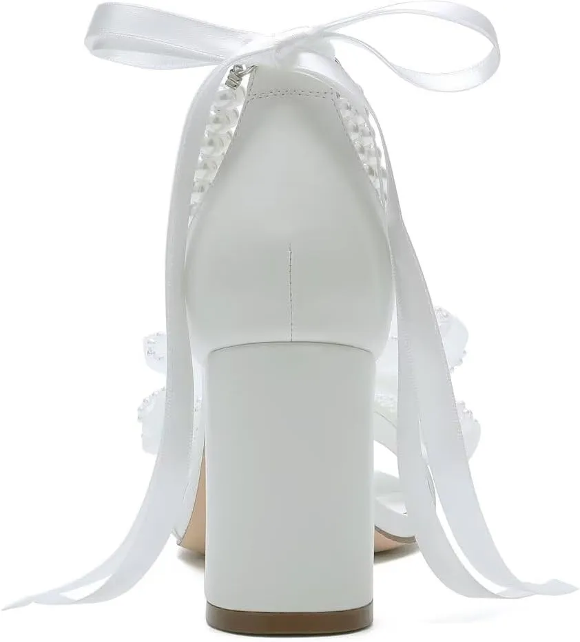 Pearl Wedding Shoes for Bride Block Heel Wedding Sandals Open Toe Bridal Shoes Bow Knot Heeled Sandals
