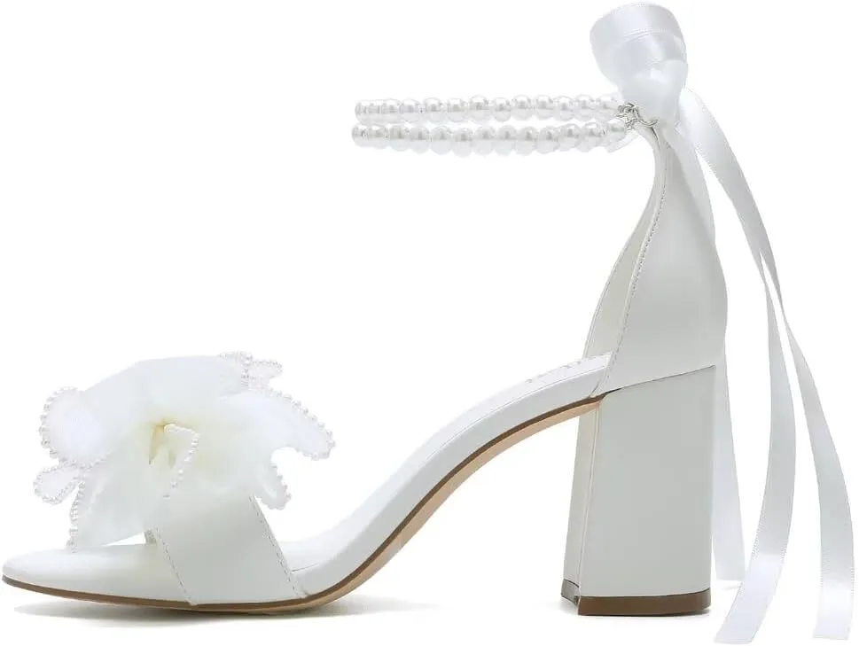 Pearl Wedding Shoes for Bride Block Heel Wedding Sandals Open Toe Bridal Shoes Bow Knot Heeled Sandals