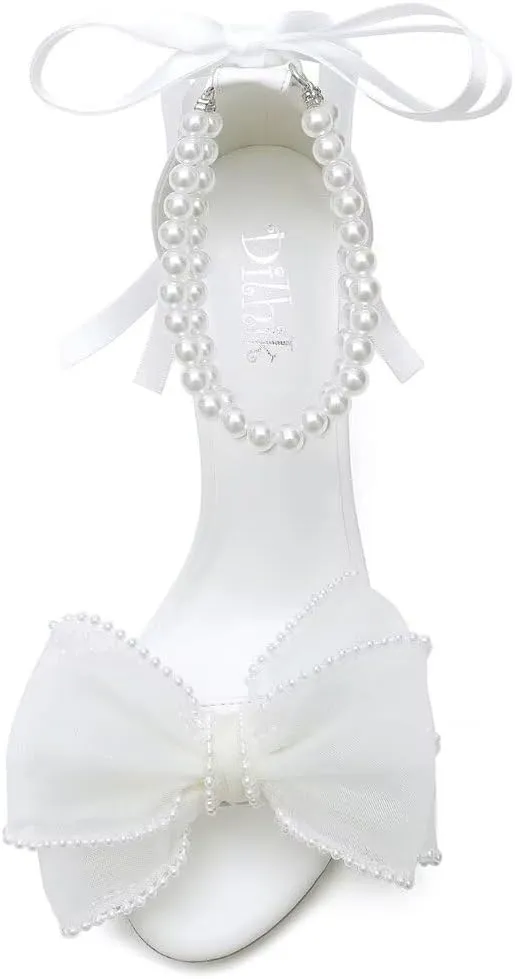 Pearl Wedding Shoes for Bride Block Heel Wedding Sandals Open Toe Bridal Shoes Bow Knot Heeled Sandals