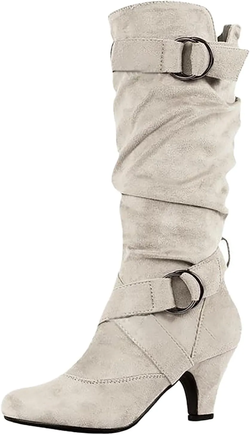 White Cowgirl Boots Suede Cross Belt Thigh High Boots Low Heeled Pull On Knee High Boots Mid Calf Bootie