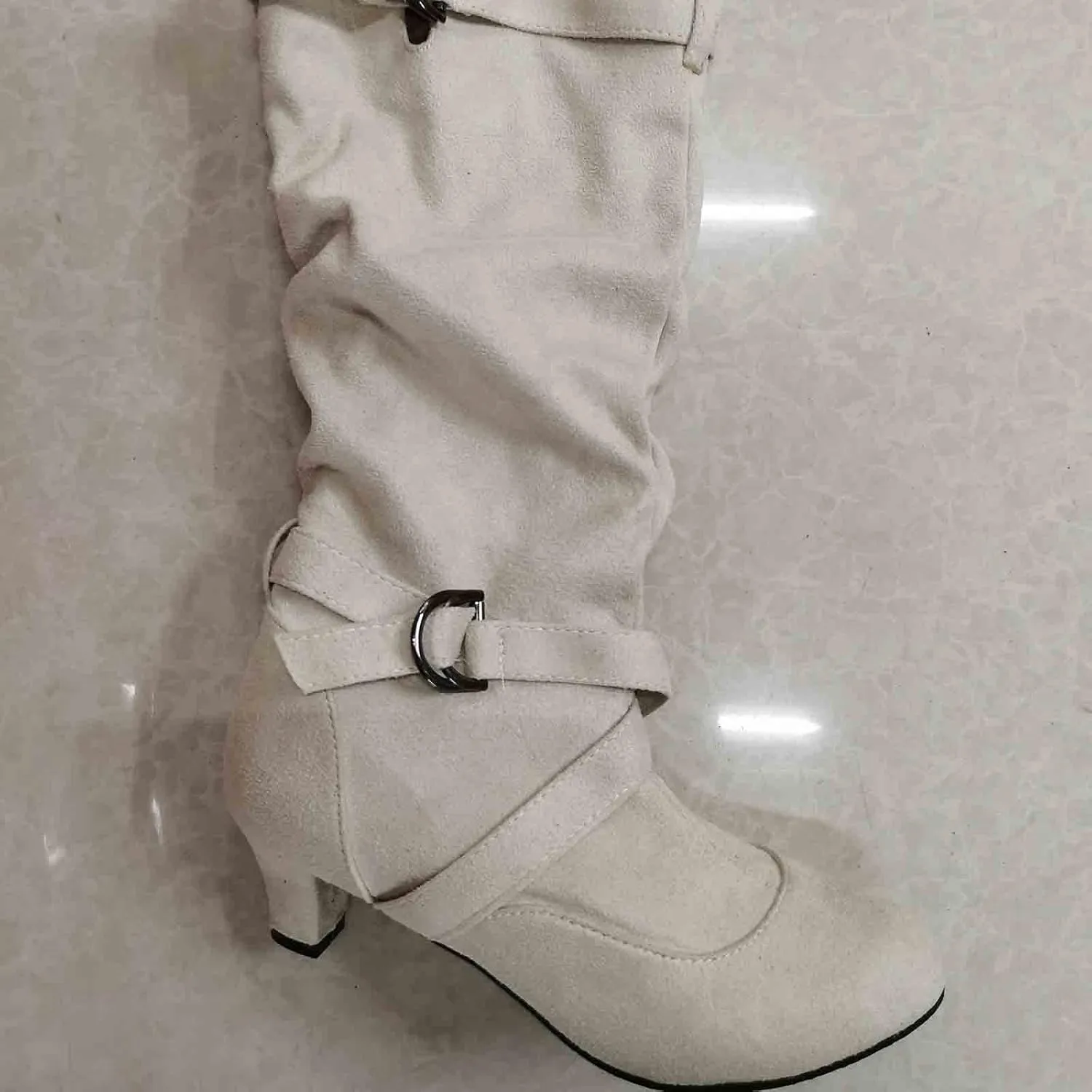 White Cowgirl Boots Suede Cross Belt Thigh High Boots Low Heeled Pull On Knee High Boots Mid Calf Bootie