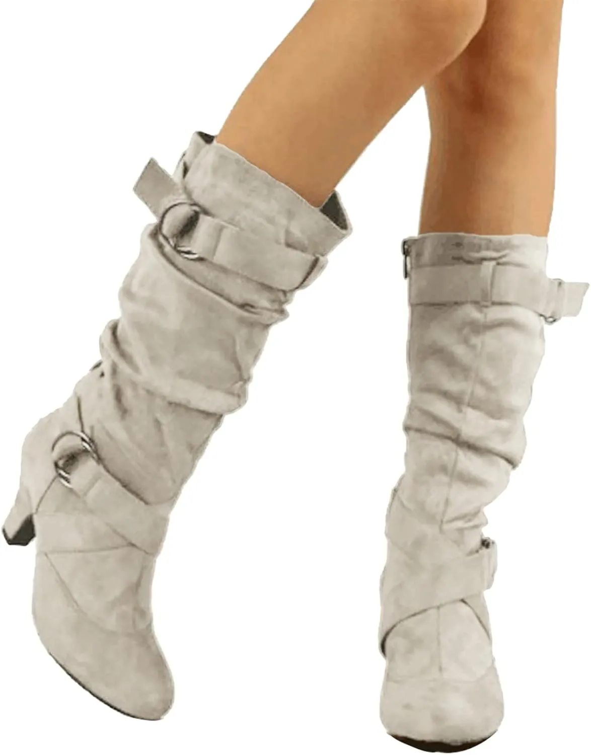 White Cowgirl Boots Suede Cross Belt Thigh High Boots Low Heeled Pull On Knee High Boots Mid Calf Bootie