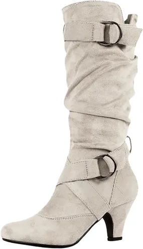 White Cowgirl Boots Suede Cross Belt Thigh High Boots Low Heeled Pull On Knee High Boots Mid Calf Bootie
