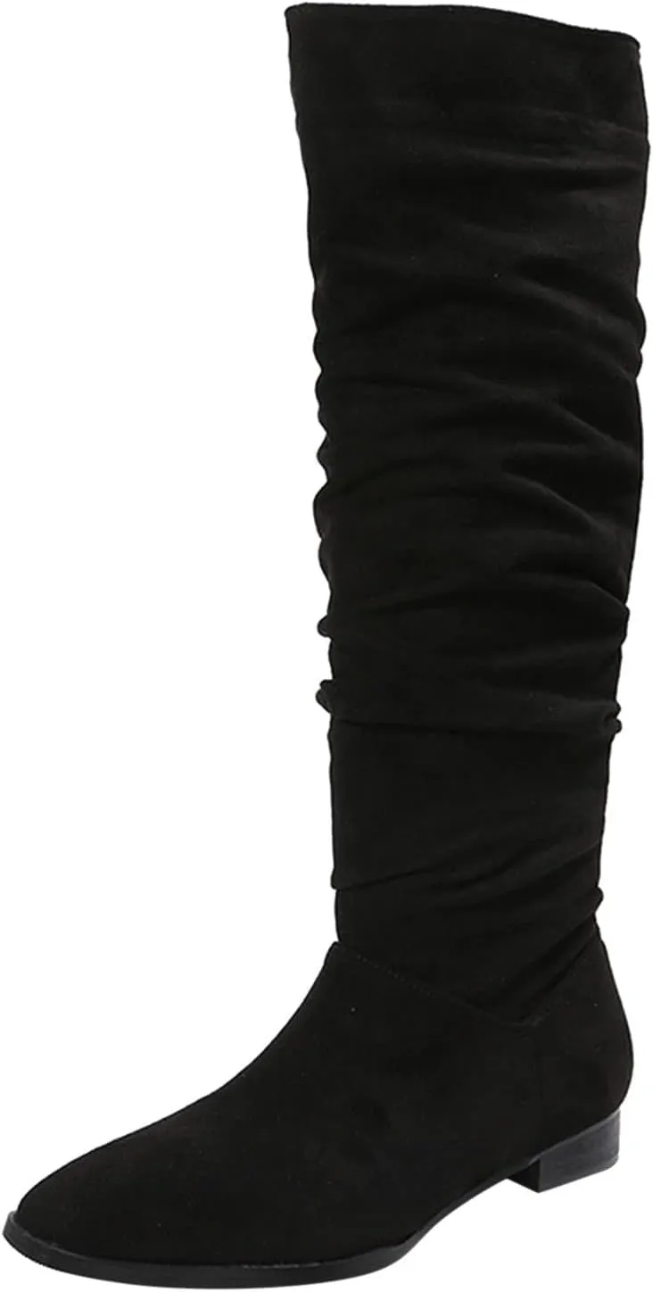 White Cowgirl Boots Suede Pleated Thigh High Boots Pull On Knee High Boots Mid Calf Bootie Winter Boots
