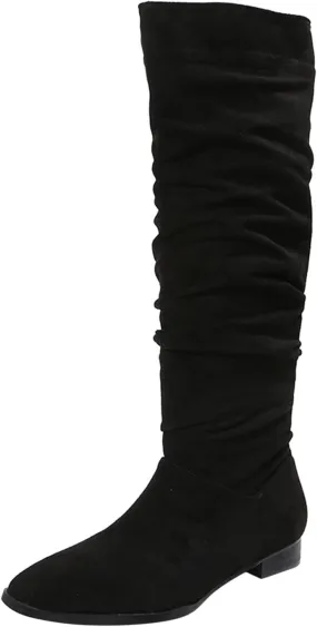 White Cowgirl Boots Suede Pleated Thigh High Boots Pull On Knee High Boots Mid Calf Bootie Winter Boots