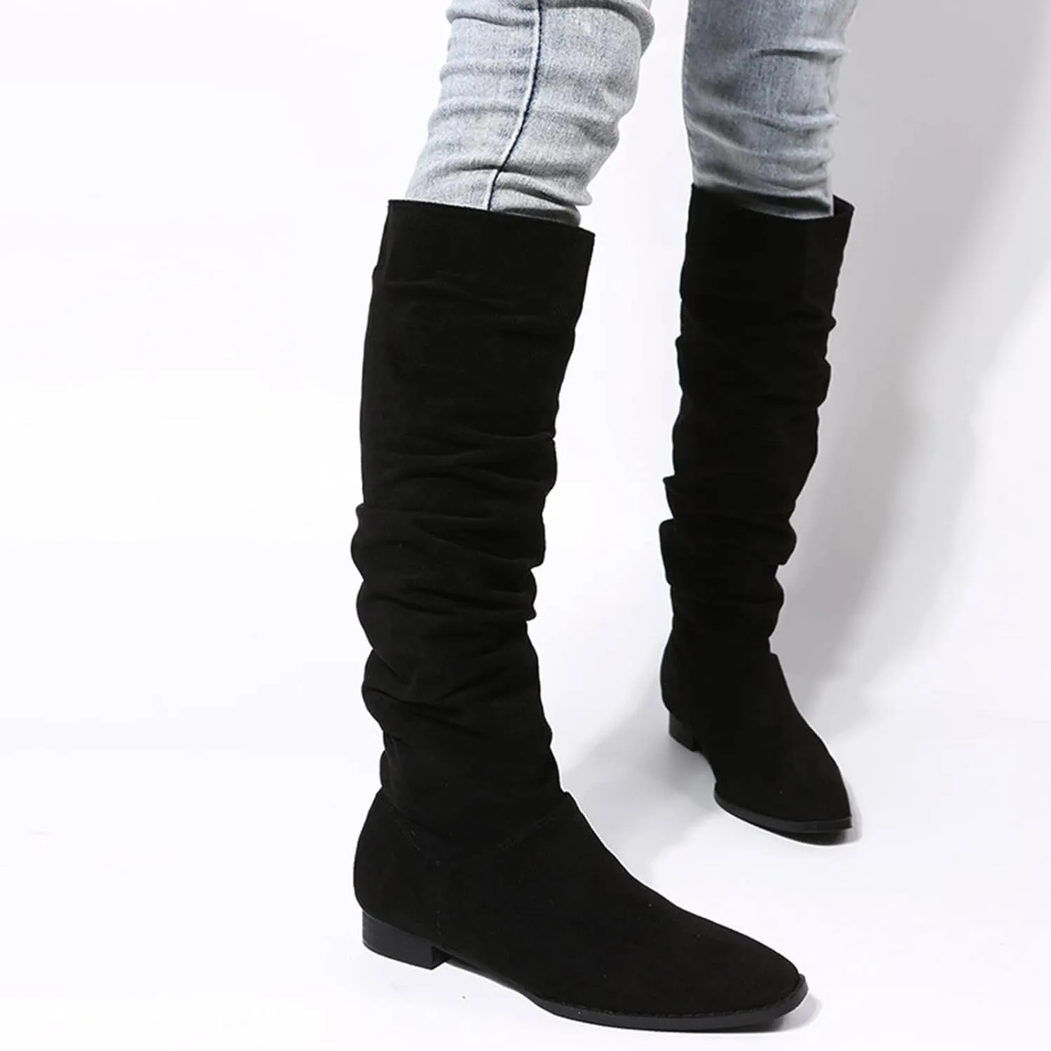 White Cowgirl Boots Suede Pleated Thigh High Boots Pull On Knee High Boots Mid Calf Bootie Winter Boots