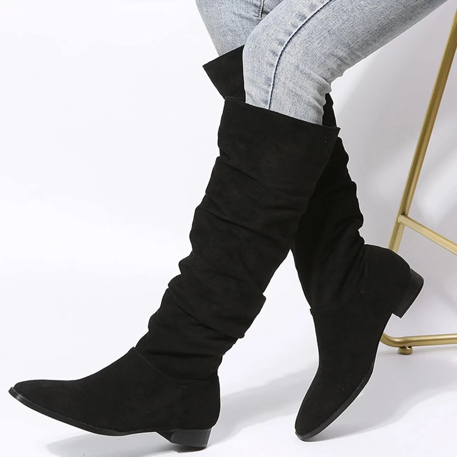 White Cowgirl Boots Suede Pleated Thigh High Boots Pull On Knee High Boots Mid Calf Bootie Winter Boots