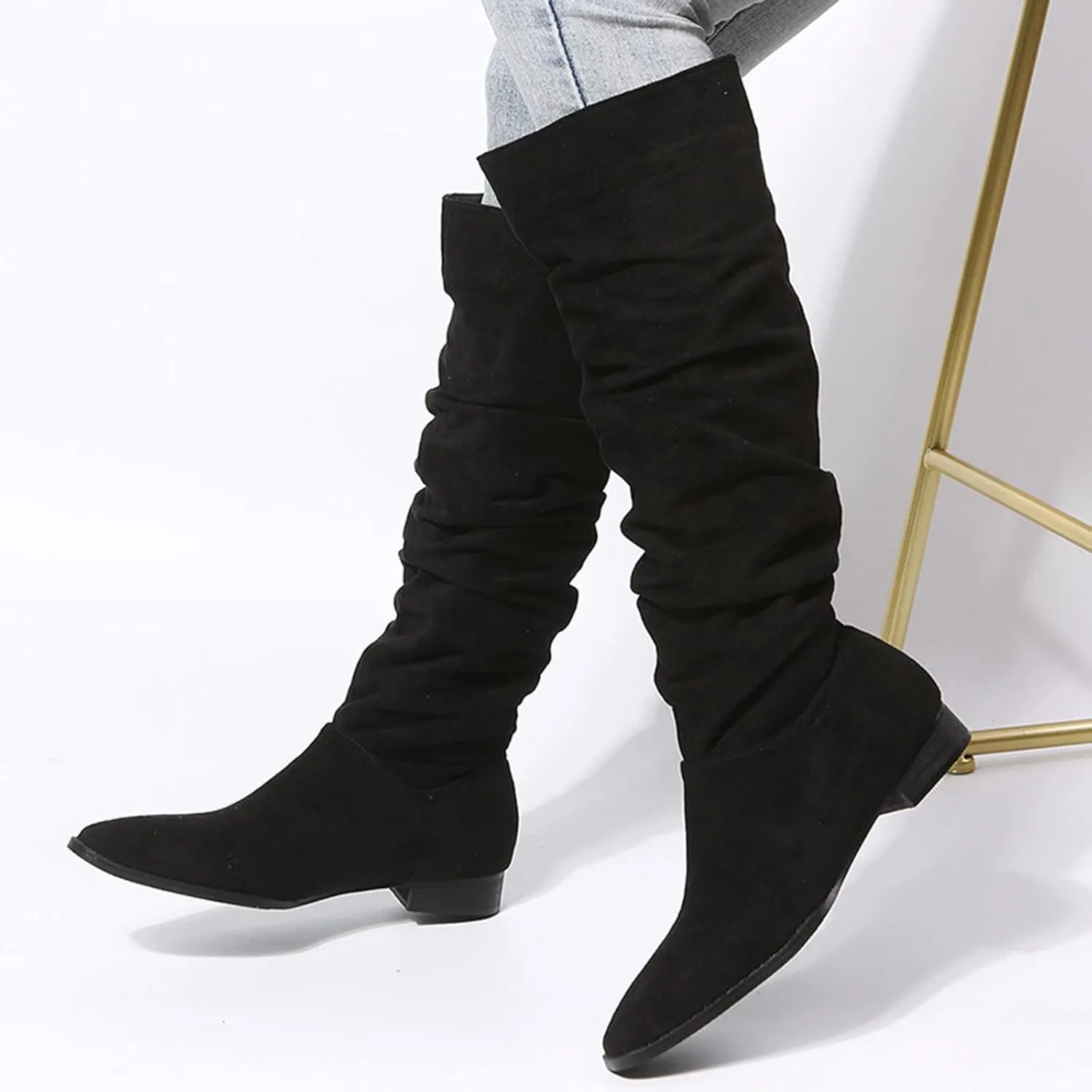 White Cowgirl Boots Suede Pleated Thigh High Boots Pull On Knee High Boots Mid Calf Bootie Winter Boots