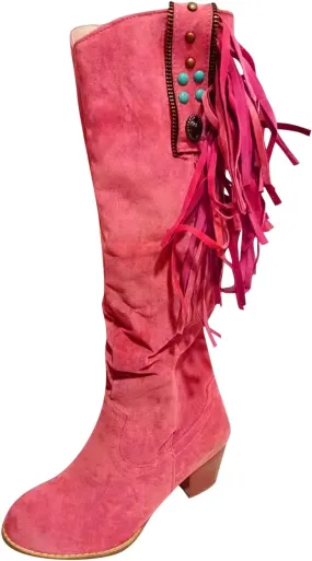 Winter Boots For Women Casual Hot Pink Square Heel Thigh High Boots Tassel Knee High Boots Suede Tall Boots