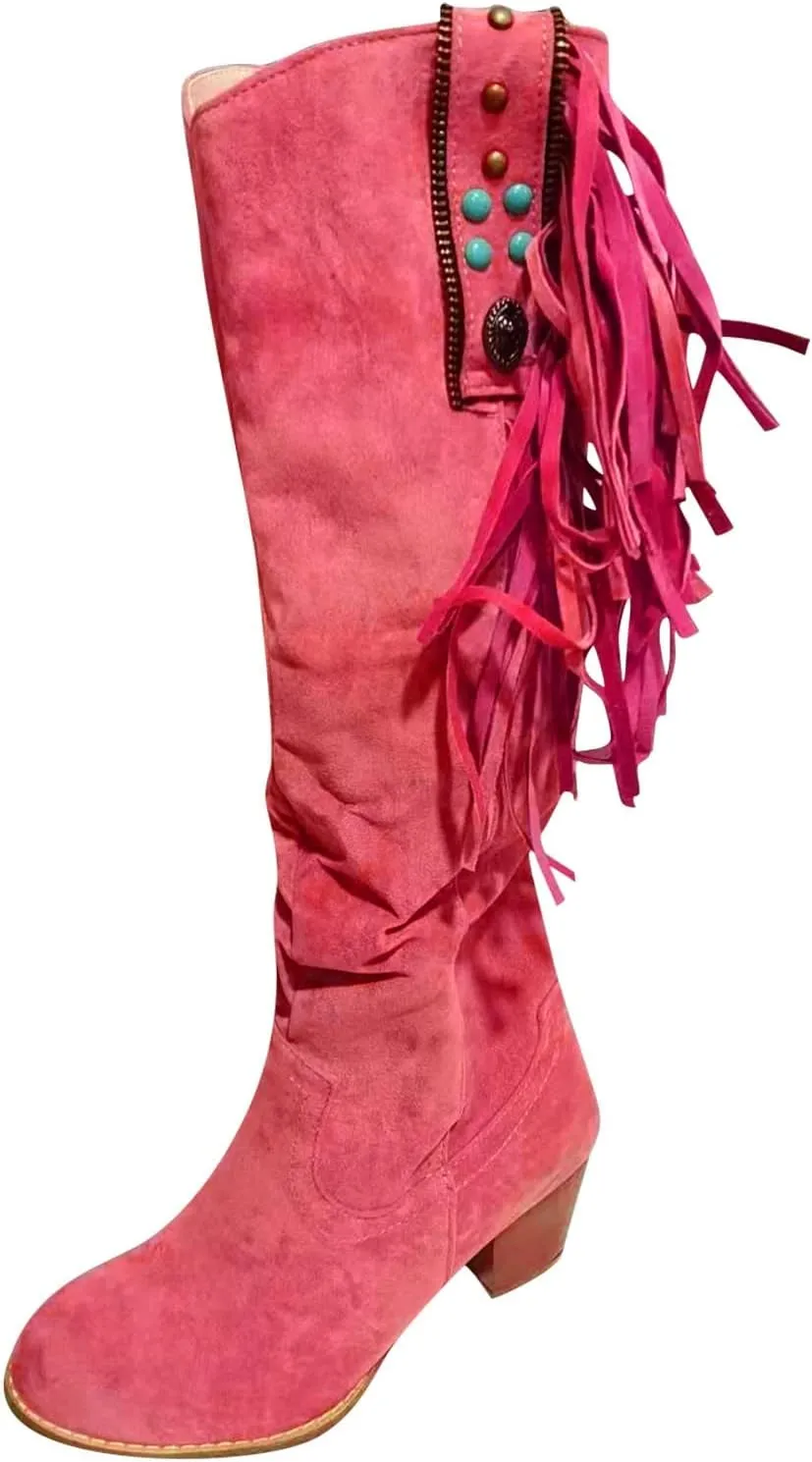 Winter Boots For Women Casual Hot Pink Square Heel Thigh High Boots Tassel Knee High Boots Suede Tall Boots