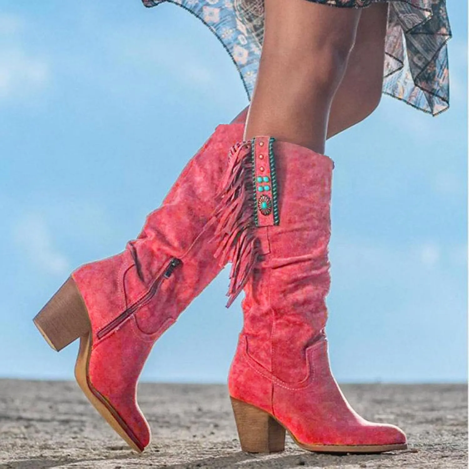 Winter Boots For Women Casual Hot Pink Square Heel Thigh High Boots Tassel Knee High Boots Suede Tall Boots