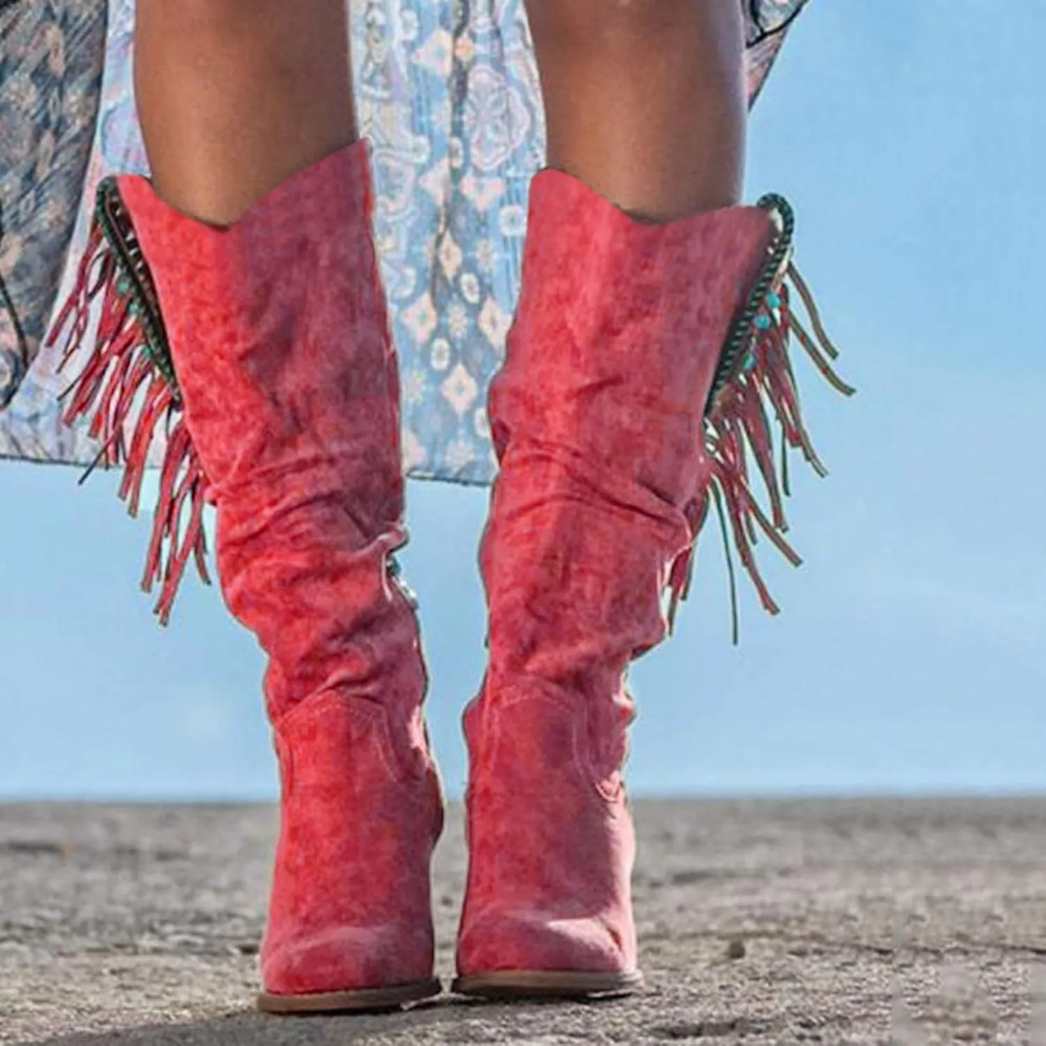 Winter Boots For Women Casual Hot Pink Square Heel Thigh High Boots Tassel Knee High Boots Suede Tall Boots