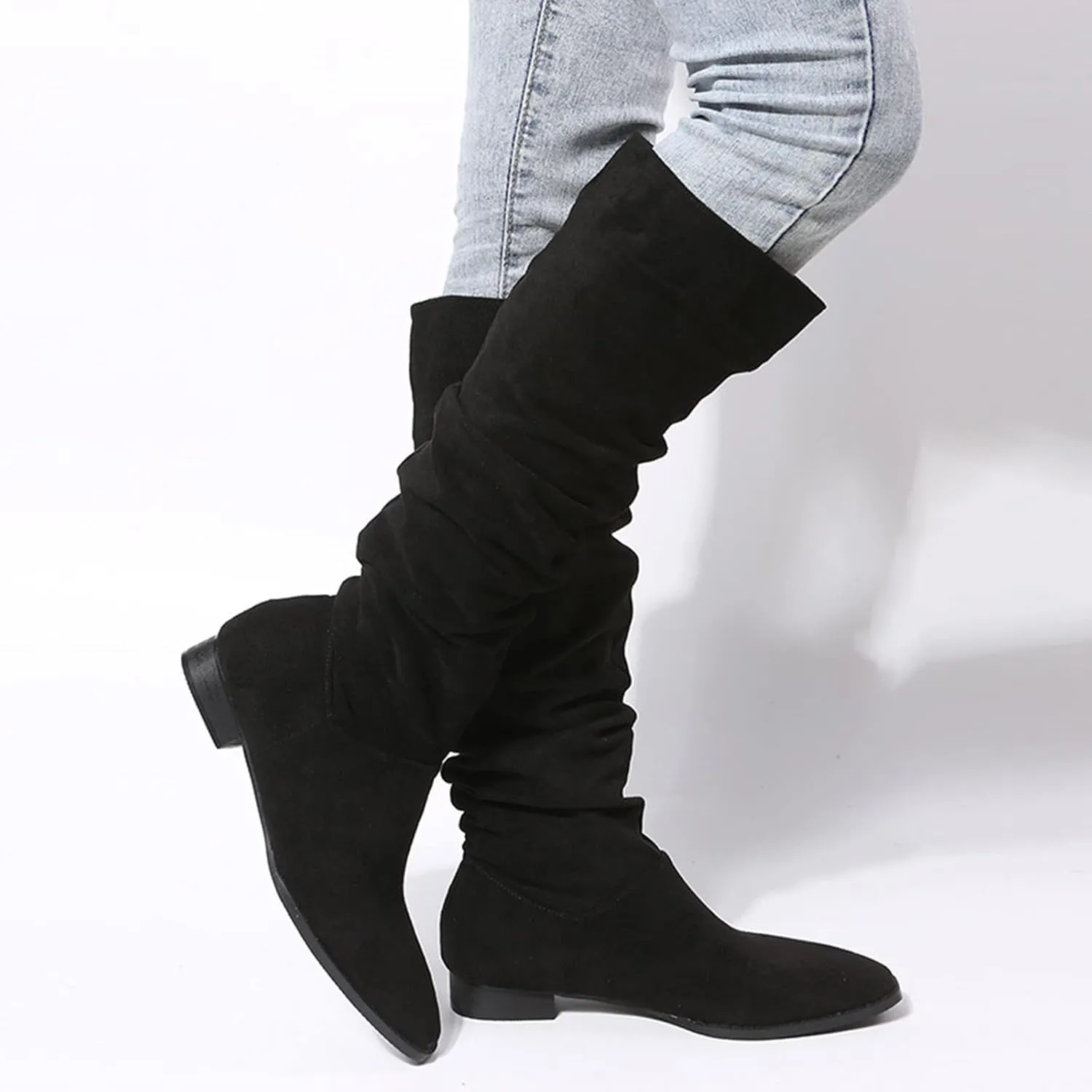 Winter Boots For Women Suede Pleated Thigh High Boots Pull On Knee High Boots Mid Calf Bootie Winter Boots