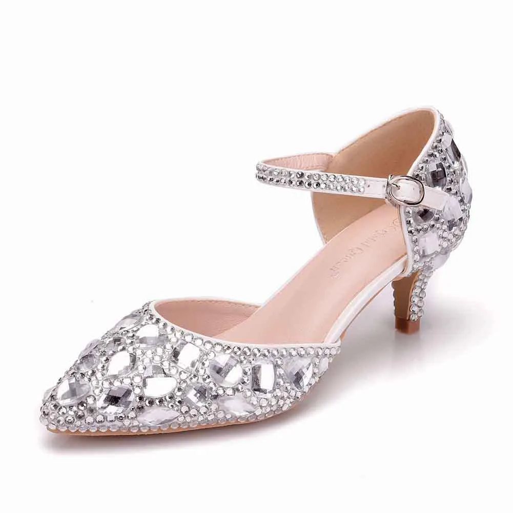 Women Thick Heel Mary-Jane Sandals Kitten Heel Pointed Toe Wedding Shoes