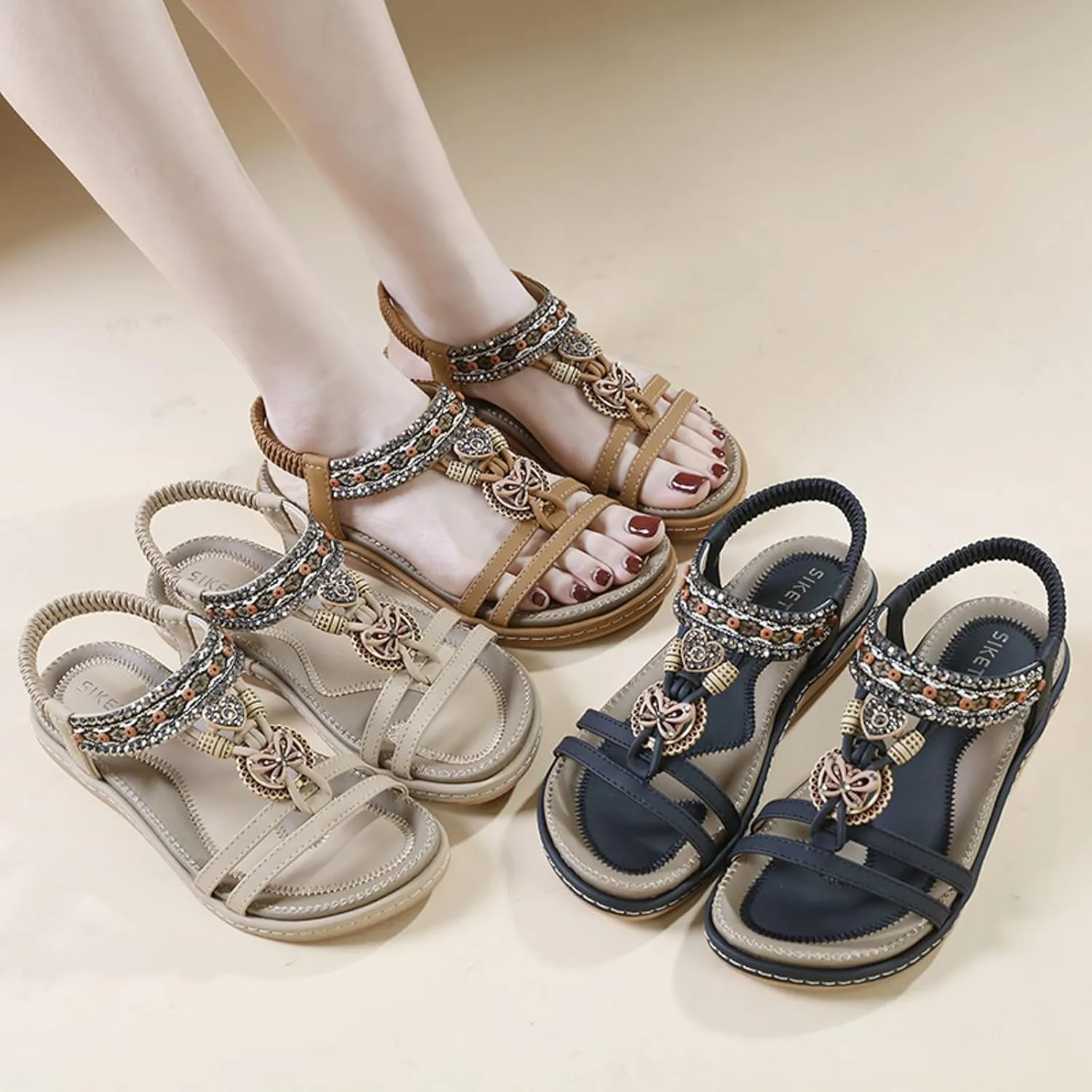 Women's Elastic Strap Bohemian Sandals Comfortable Ankle Strap Outdoor Walking Shoes Banquet Sandals for Women