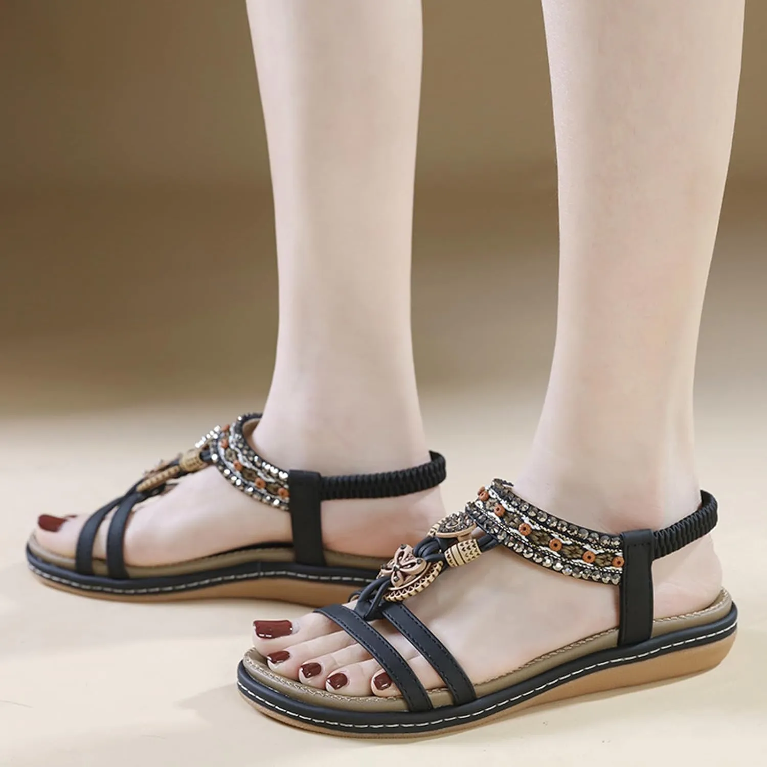 Women's Elastic Strap Bohemian Sandals Comfortable Ankle Strap Outdoor Walking Shoes Banquet Sandals for Women