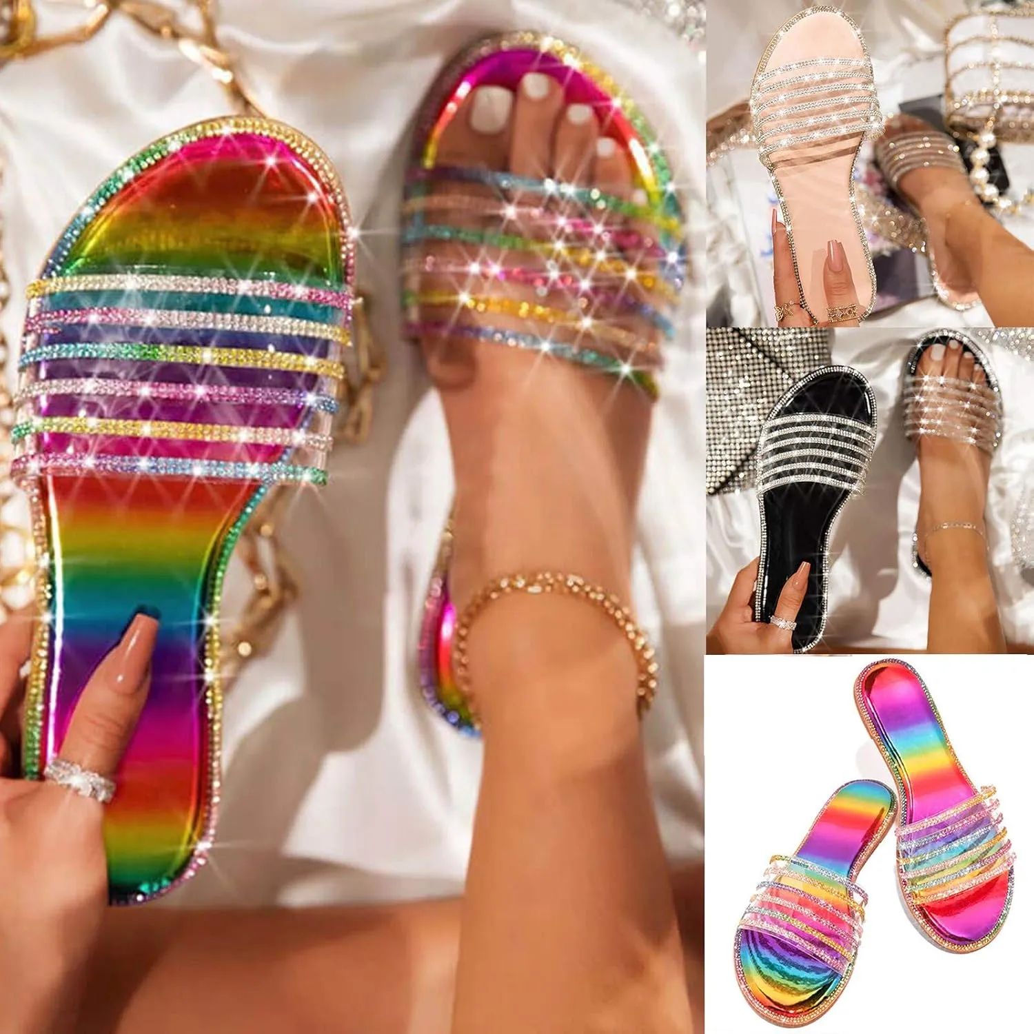 Womens Flat Sandals Flip Flops Crystals Rhinestones Sandals Summer Comfortable Beach Sandals Casual Slippers Shoes