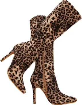 Womens Knee High Boots Slouchy Boots Sexy Tall Long Boots Leopard Pointed Toe Side Zip High Stilettos Heel Boots