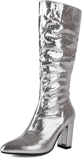 Women's Metallic Slouch Knee High Boots Block Heel Pointed Toe Faux Crocodile Long Boots