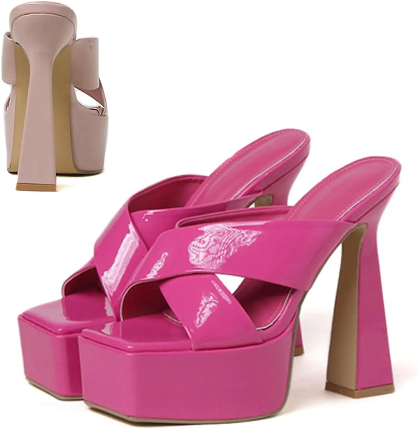 Women's Patent Leather Platform Chunky High Heel Mules Sandals,Comfortable Square Open Toe Block Heel Sandals, Sexy Party Dancing High Heels