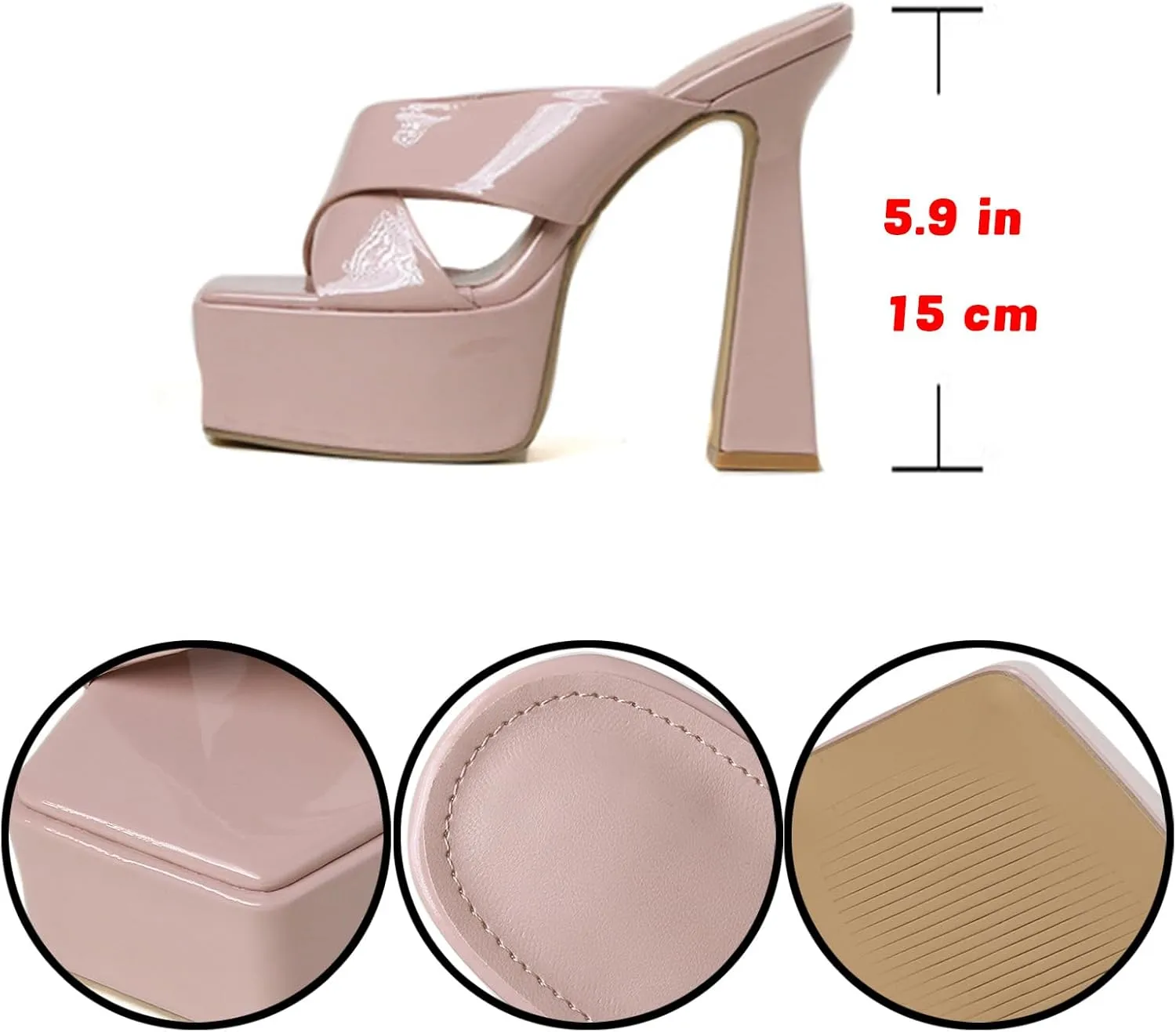 Women's Patent Leather Platform Chunky High Heel Mules Sandals,Comfortable Square Open Toe Block Heel Sandals, Sexy Party Dancing High Heels