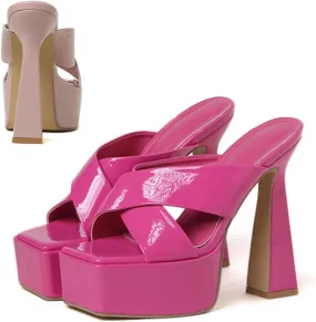 Women's Patent Leather Platform Chunky High Heel Mules Sandals,Comfortable Square Open Toe Block Heel Sandals, Sexy Party Dancing High Heels