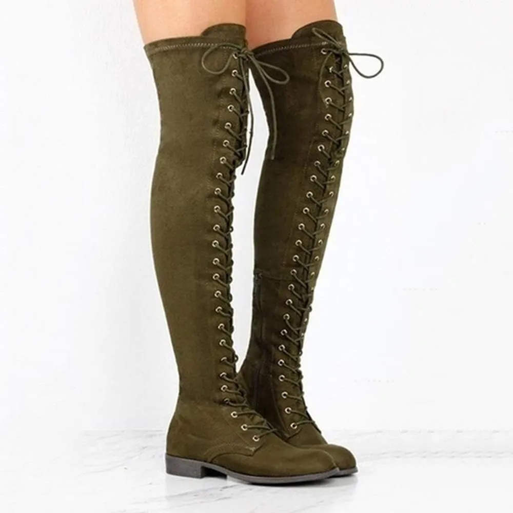 YSMIIH Women Winter Over Knee Long Boots Fashion Knee High Booties PU Round Toe Full Lace-up Comfortable Long Flat Low Heel Shoes