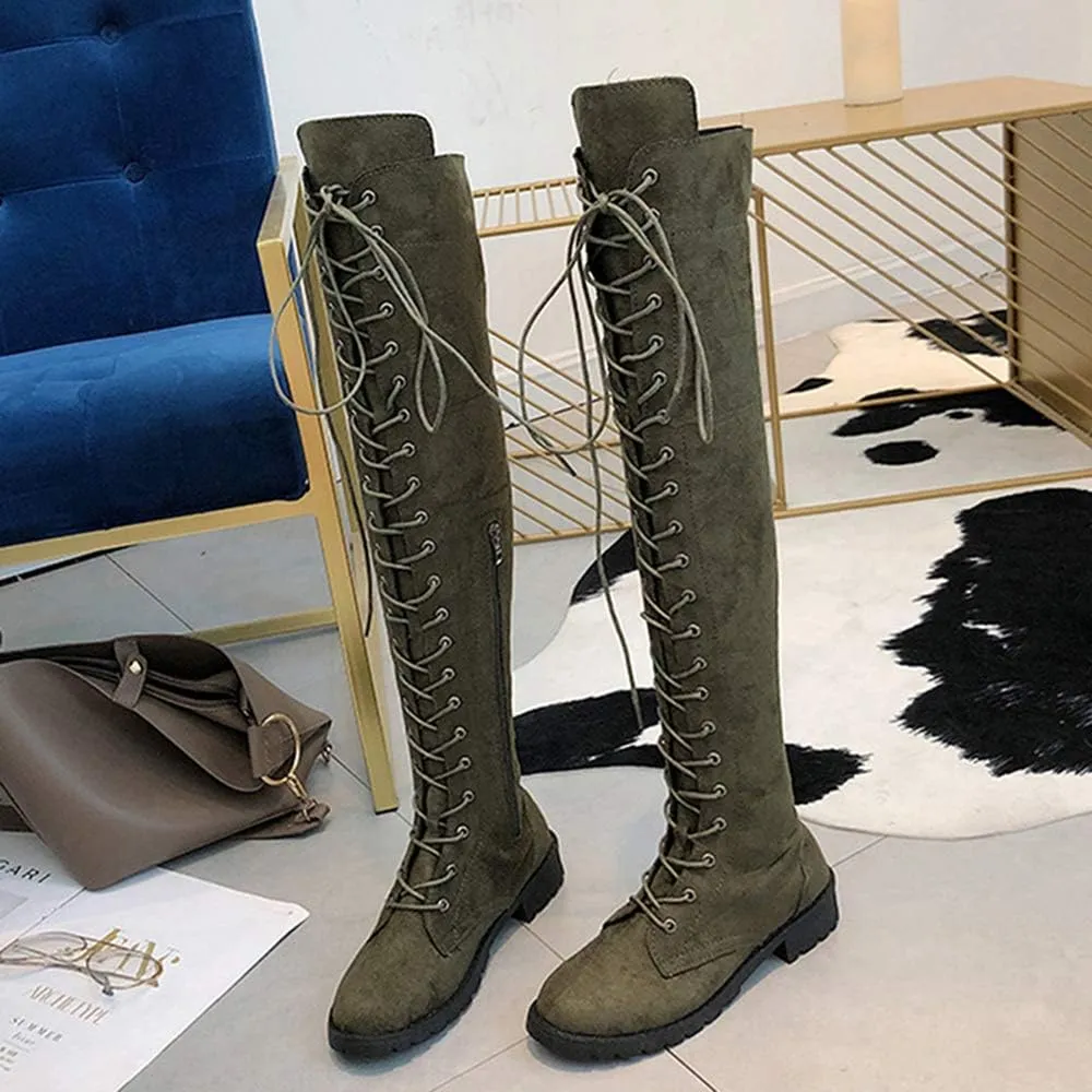 YSMIIH Women Winter Over Knee Long Boots Fashion Knee High Booties PU Round Toe Full Lace-up Comfortable Long Flat Low Heel Shoes