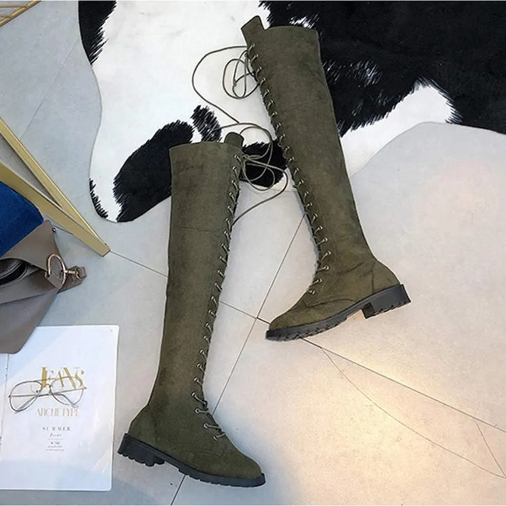 YSMIIH Women Winter Over Knee Long Boots Fashion Knee High Booties PU Round Toe Full Lace-up Comfortable Long Flat Low Heel Shoes