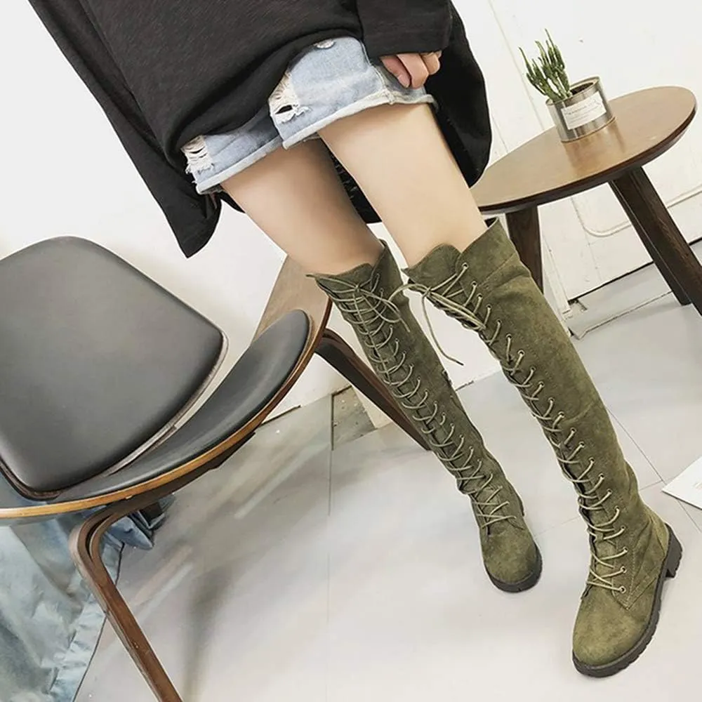 YSMIIH Women Winter Over Knee Long Boots Fashion Knee High Booties PU Round Toe Full Lace-up Comfortable Long Flat Low Heel Shoes