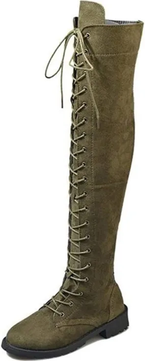 YSMIIH Women Winter Over Knee Long Boots Fashion Knee High Booties PU Round Toe Full Lace-up Comfortable Long Flat Low Heel Shoes