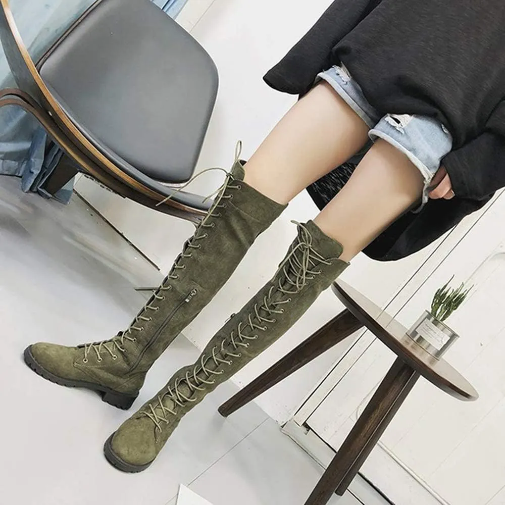 YSMIIH Women Winter Over Knee Long Boots Fashion Knee High Booties PU Round Toe Full Lace-up Comfortable Long Flat Low Heel Shoes