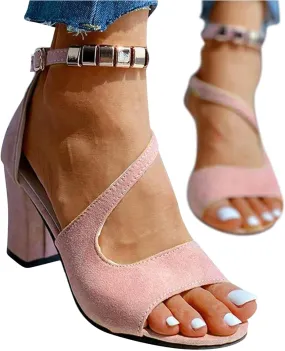 ZBYY Women's Low Chunky Heels Dress Pump Sandals Summer Peep Toe Cutout Ankle Strap Wedding Block Heeled Sandals