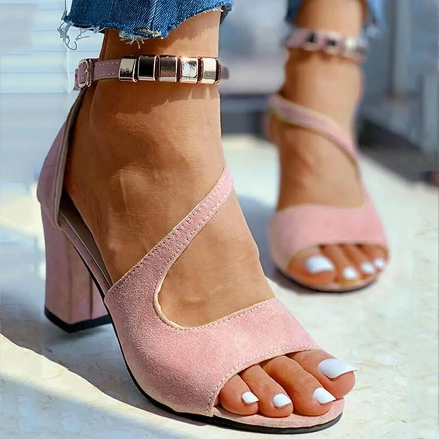 ZBYY Women's Low Chunky Heels Dress Pump Sandals Summer Peep Toe Cutout Ankle Strap Wedding Block Heeled Sandals