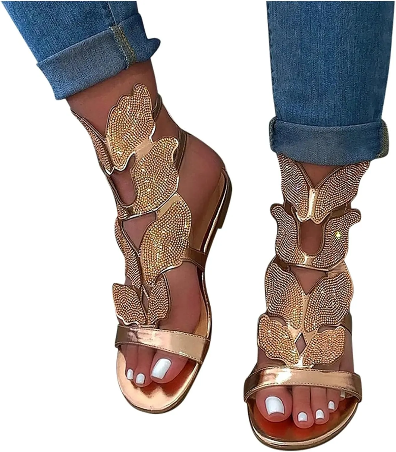 ZSpzx Summer Sandals For Women 2025,Women's Flat Rhinestone Dressy Open Toe Ankle Strap Sandal Comfortable Strappy Slip on Slide Low Heel Casual Beach Shoes for Party Formal Wedding Holiday Outdoor