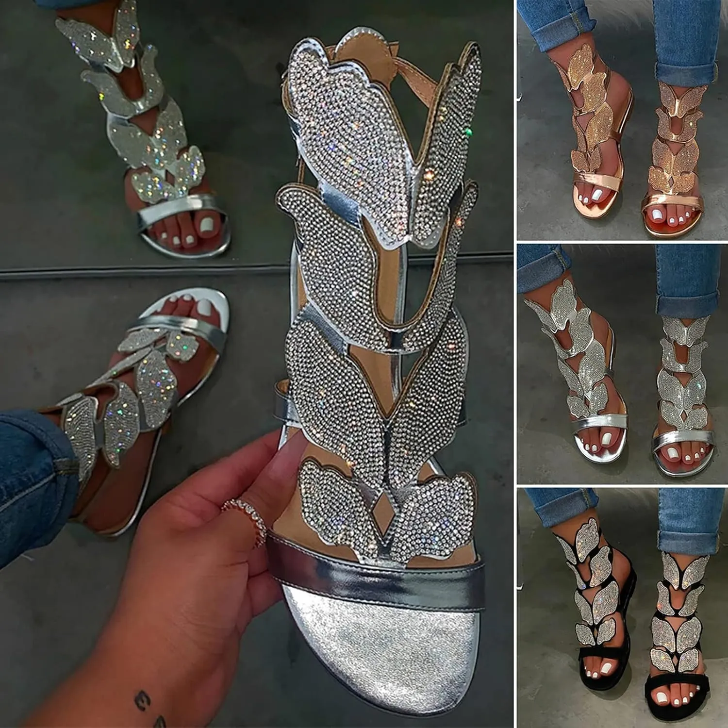 ZSpzx Summer Sandals For Women 2025,Women's Flat Rhinestone Dressy Open Toe Ankle Strap Sandal Comfortable Strappy Slip on Slide Low Heel Casual Beach Shoes for Party Formal Wedding Holiday Outdoor